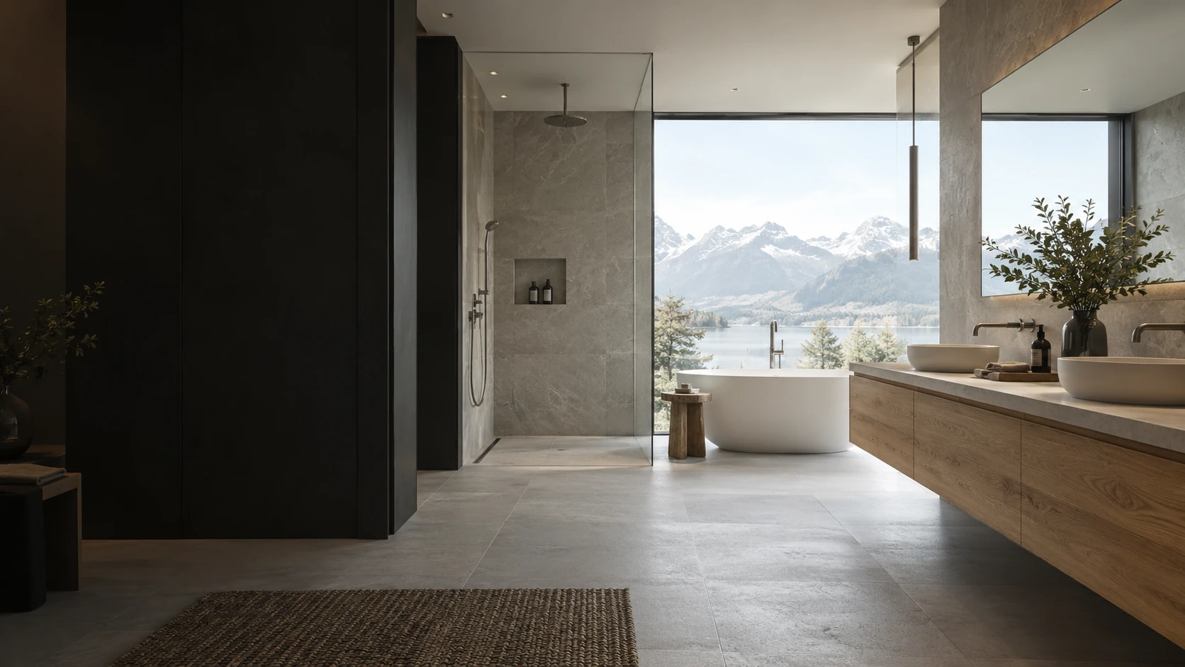 Modernes Badezimmer mit Naturstein, Badewanne und Aussicht auf See und Berge