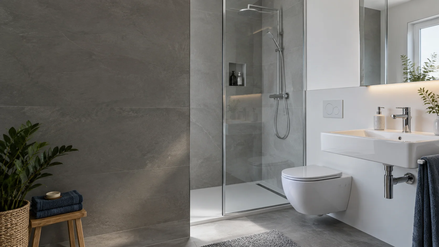 Modernes Badezimmer mit Dusche, Waschtisch und WC – Symbolbild