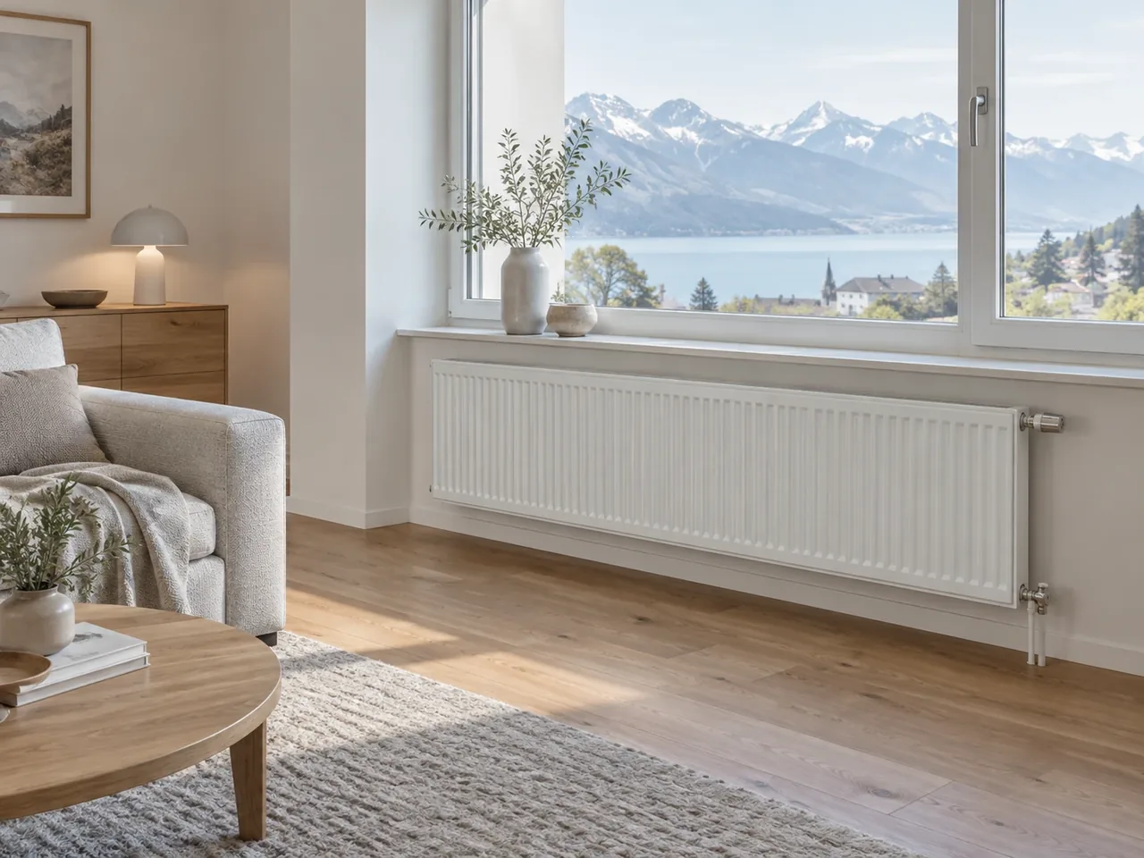 Heizkörper in einem hellen Wohnraum – Symbolbild