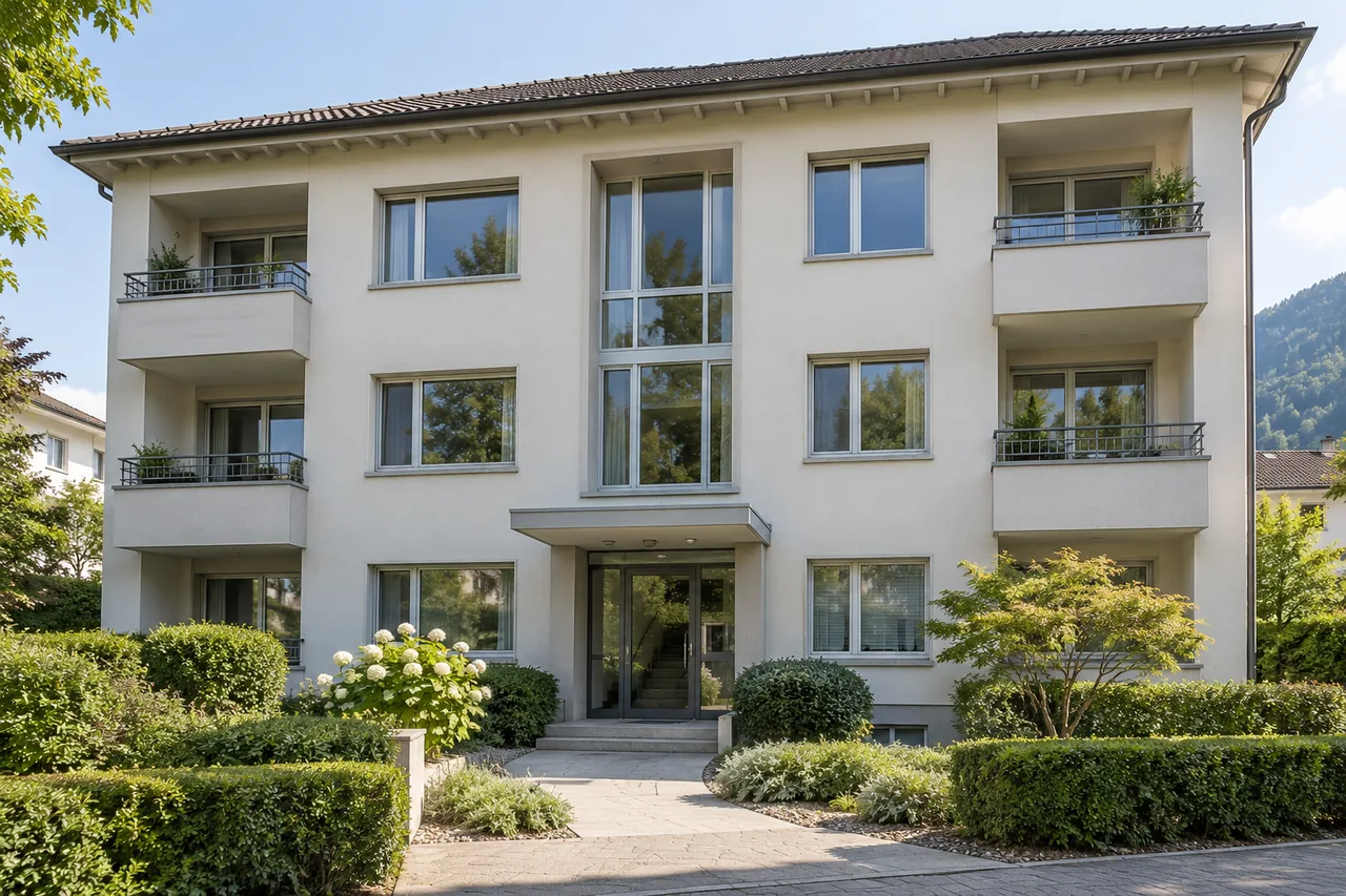 Gepflegtes Mehrfamilienhaus mit begrüntem Hauseingang – Symbolbild